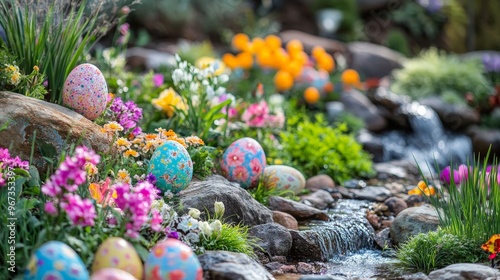 Imagine a delightful Easter garden with an array of colorful flowers and decorative eggs.