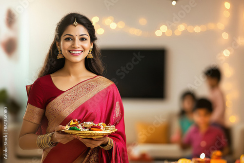 young indian woman holding pooja thali at home