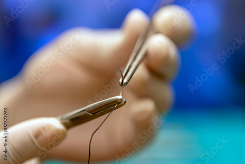 A surgeon's hand is holding a curved surgical needle using a needle holder Mayo-Hegar) and surgical tweezer (forceps)