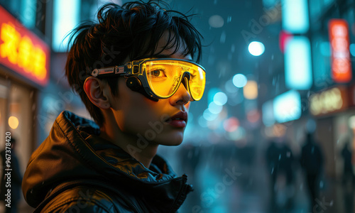 Un jeune homme, lunettes futuristes sur le nez, traverse une rue illuminée par des néons vifs, les reflets colorés dansant sur ses verres, ajoutant une touche avant-gardiste à l’atmosphère.