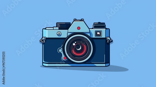 A cartoon-style illustration of a black Canon camera with a red focus ring on a light blue background.