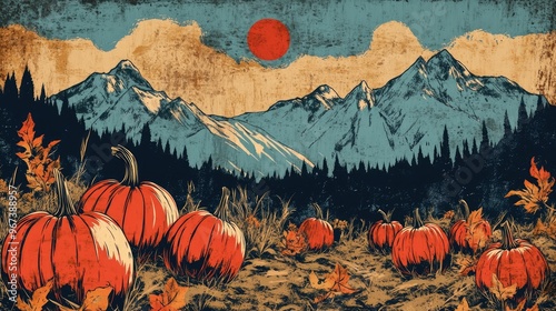 Retro illustration featuring pumpkins and festive elements celebrating a harvest festival with mountains in the background