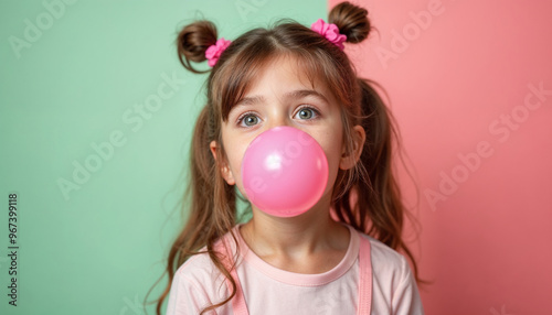 Happy, stylish kid blowing a bubblegum bubble against a colorful background.