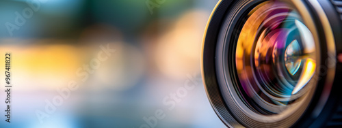 Close-up of a camera lens with a blurred colorful background, highlighting the precision and beauty of modern photography equipment