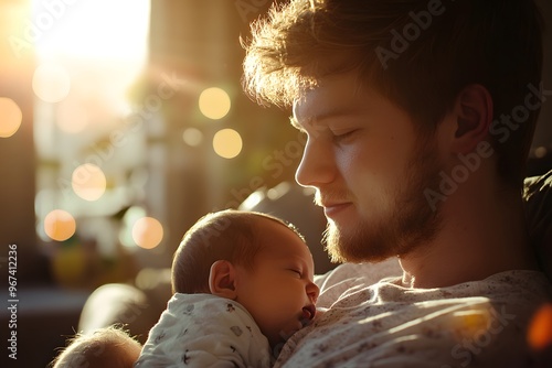 Vater bzw. Mutter mit Neugeborenem im goldenen Licht