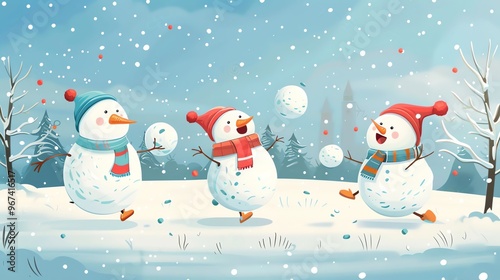 Three cartoon snowmen are playing snowball fight in the winter.