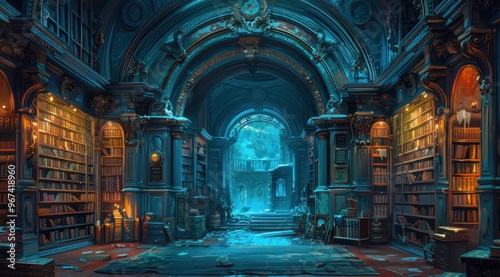 Mysterious Library Interior with Archway.