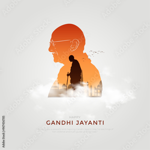 Happy Gandhi Jayanti Post and Flyer Template. Mahatma Gandhi Jayanti Creative with Text and Silhouette Vector Illustration