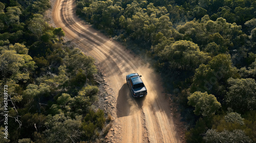 Aerial view of a black pickup truck driving on a dirt road surrounded by dense forest. The vehicle is kicking up dust as it travels along the winding path.