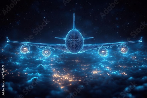 3d wireframe airplane model floating in dark space intricate network of lines forms recognizable aircraft shape glowing edges create futuristic hightech aesthetic