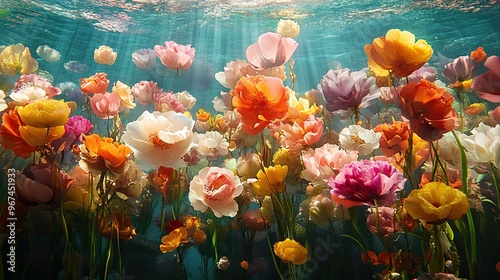 A surreal underwater world where flowers bloom in vibrant colors, defying the laws of nature.