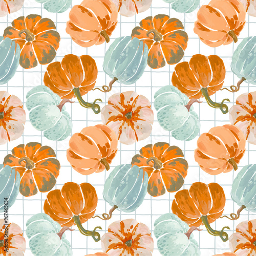 Beautiful vector autumn seamless pattern with hand drawn gouache pumpkin illustrations. Fall design print. Stock illustration.