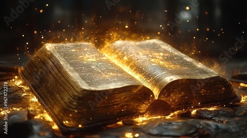 majestic illuminated bible open to the book of proverbs golden light emanates from its pages surrounded by an atmosphere of ancient wisdom and spiritual significance