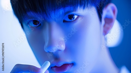 Close up view of a young man taking a medicine pill for health and wellness management