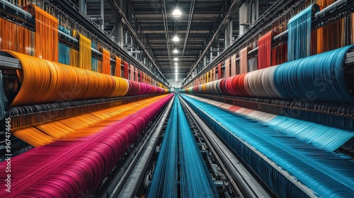  Modern textile factory with vibrant rolls of fabric in pink, orange, blue, and other colors, stretching across an automated production line.