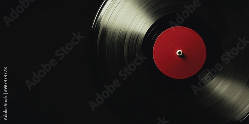 A close-up view of a vintage vinyl record with a red label, showcasing its grooves against a dark background.