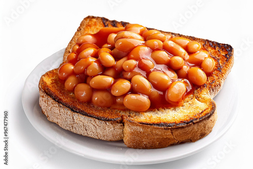 Baked beans on toast, plated, cut out on white background