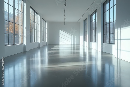 minimalist gallery space with stark white walls and polished concrete floors dramatic shadows create geometric patterns emphasizing the emptiness and potential