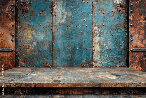 Rustic wooden table in front of old, weathered wall with peeling paint