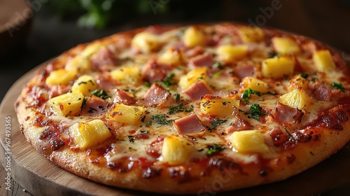 mouthwatering hawaiian pizza closeup golden crust melted cheese vibrant pineapple chunks savory ham slices culinary artistry