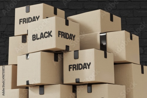 Stack of cardboard boxes with the word black friday, offer and delivery concept, black brick wall in the background.