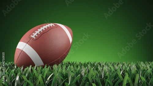 American football ball, sports and competition concept, green background with grass.