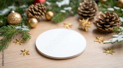 A circular wooden coaster surrounded by Christmas decorations and pinecones on a wooden table in a cozy setting.