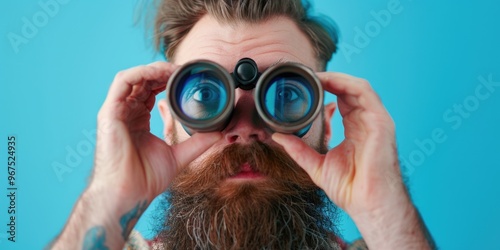 Man with beard and glasses observing object in distance, likely with scientific interest.