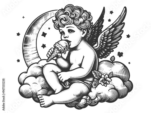 Adorable cherub cupid sitting on cloud, enjoying melting ice cream cone, whimsical and playful scene sketch engraving generative ai vector illustration. Scratch board imitation. Black and white image