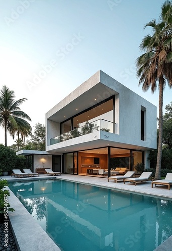 Exterior of amazing modern minimalist cubic villa with large swimming pool among palm tree