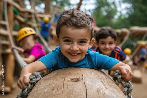 An enthusiastic young boy joyfully playing on an outdoor obstacle course, surrounded by other children, all actively participating and having a great time during a sunny day.