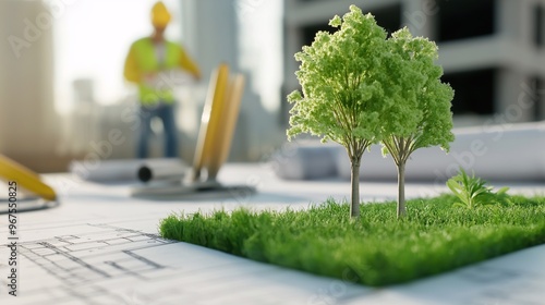 Sustainable Urban Development: Trees sprout from blueprints, symbolizing the future of environmentally conscious construction. A blurred figure of a construction worker in the background