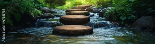 A series of stepping stones leading across a stream, each stone representing a milestone in the journey of personal growth, with lush greenery surrounding the scene