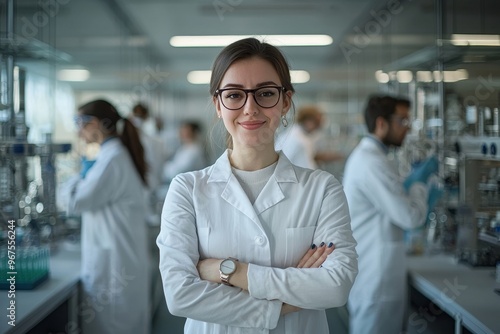 The picture shows a beautiful young woman wearing a white coat and glasses in a modern Medical Science Laboratory with a team of specialists in the background.