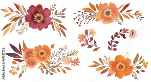 Fall floral wreath, autumn flowers, leaves, and wildflowers. Autumn leaves and wildflowers clipart. Invitation or floral card design. PNG format.