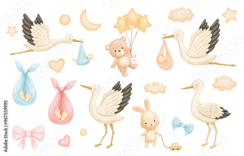 Watercolor stork carries newborn, cute baby bear with balloon and little bunny. Hand drawn illustrations isolated on white background. Set for decorating invitations and postcards for pregnant women