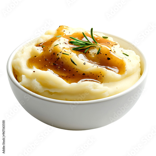 Creamy mashed potato topped with savory gravy and garnished with fresh rosemary, perfect for any comfort food craving.