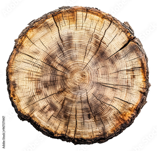 Tree stump showing annual rings and natural wood texture in sunlight isolated on transparent background