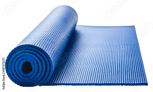 Bright blue yoga mat rolled out for exercise in a fitness studio isolated on transparent background