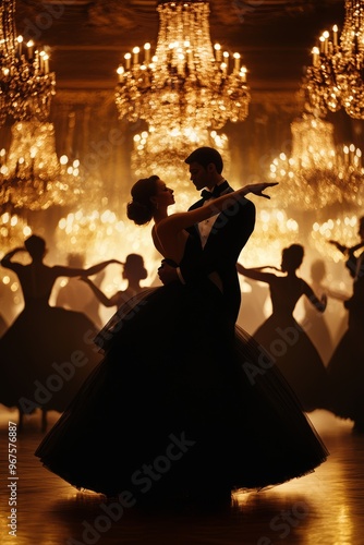 A grand ballroom filled with dancers in elegant attire, chandeliers sparkling and music filling the air