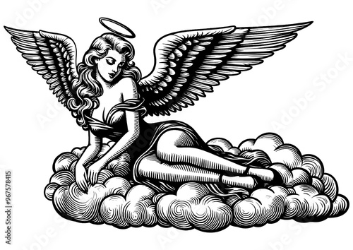 graceful angel with wings and a halo, reclining on a cloud, capturing a serene and celestial mood sketch engraving generative ai PNG illustration. Scratch board imitation. Black and white image.