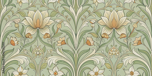 Seamless Art Nouveau-inspired floral pattern on pale sage green background, floral, leaves, seamless, blouse, border