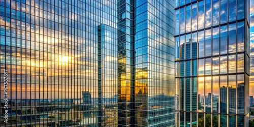 Skyscraper with innovative glass texture curtain wall reflecting modern cityscape , skyscraper, glass, texture