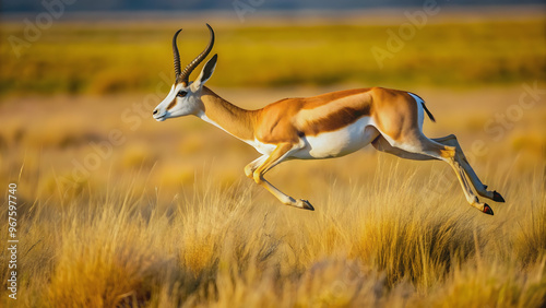 A detailed close-up photo of a graceful springbok jumping in the savannah habitat, graceful, wildlife