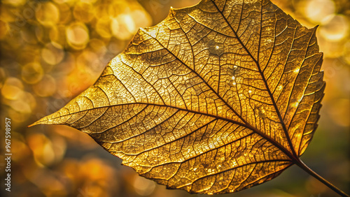 Close-up of a tree leaf covered in shimmering gold leaf, nature, gold, shiny, close-up, leaf, foliage, luxury, extravagant