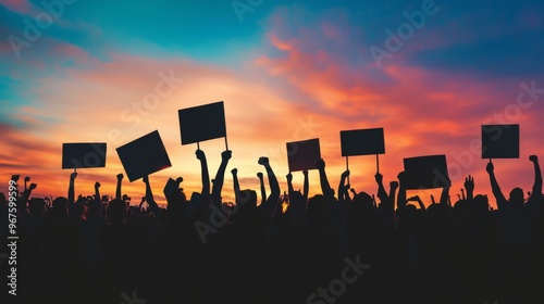 Silhouette crowd at a protest, raised fists and banners under the evening sky.