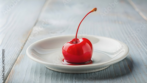 Tasty maraschino cherry on a small plate, perfect for adding a pop of color to dessert , maraschino cherry, red, sweet