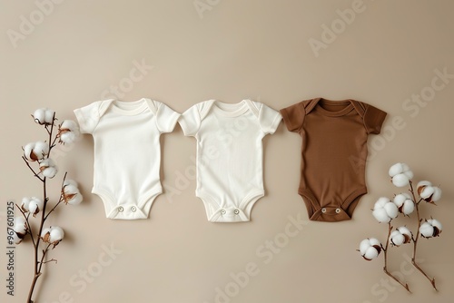 Baby onesie set on a beige background. Fashion newborn clothes. Flat lay, top view. Baby kids soft clothing made from organic cotton. Infant trendy bodysuit natural colors, earth tones. Gender neutral