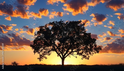 In the beautiful dusk, the shadows of the trees and the gradual clouds complement each other, bringing the beauty of tranquility and nature.