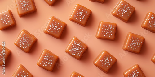 Square sea salt caramel candies arranged in a diagonal pattern on surface